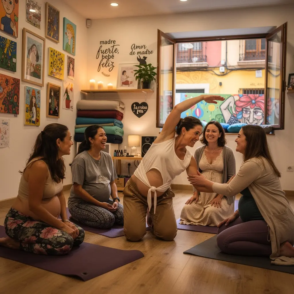 Una instructora guiando a un grupo de futuras madres en ejercicios de respiración y relajación.