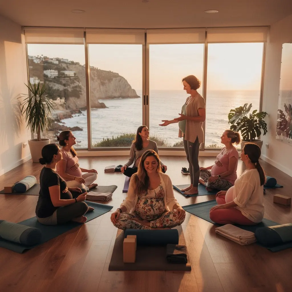 Una instructora guiando a un grupo de futuras madres en ejercicios de respiración y relajación.