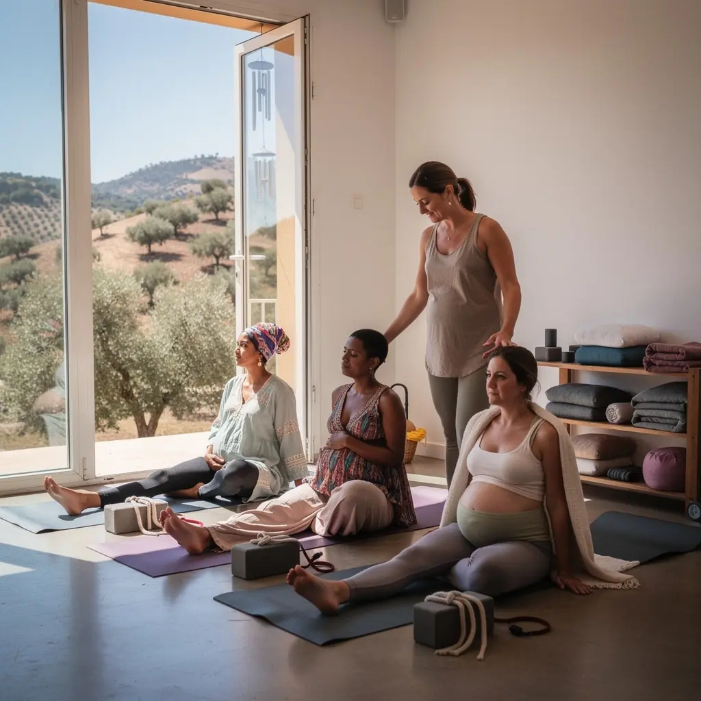Una instructora guiando a un grupo de futuras madres en ejercicios de respiración y relajación.