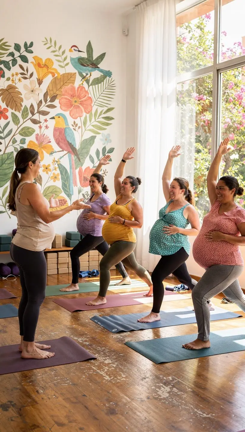 Una instructora guiando a un grupo de futuras madres en ejercicios de respiración y relajación.