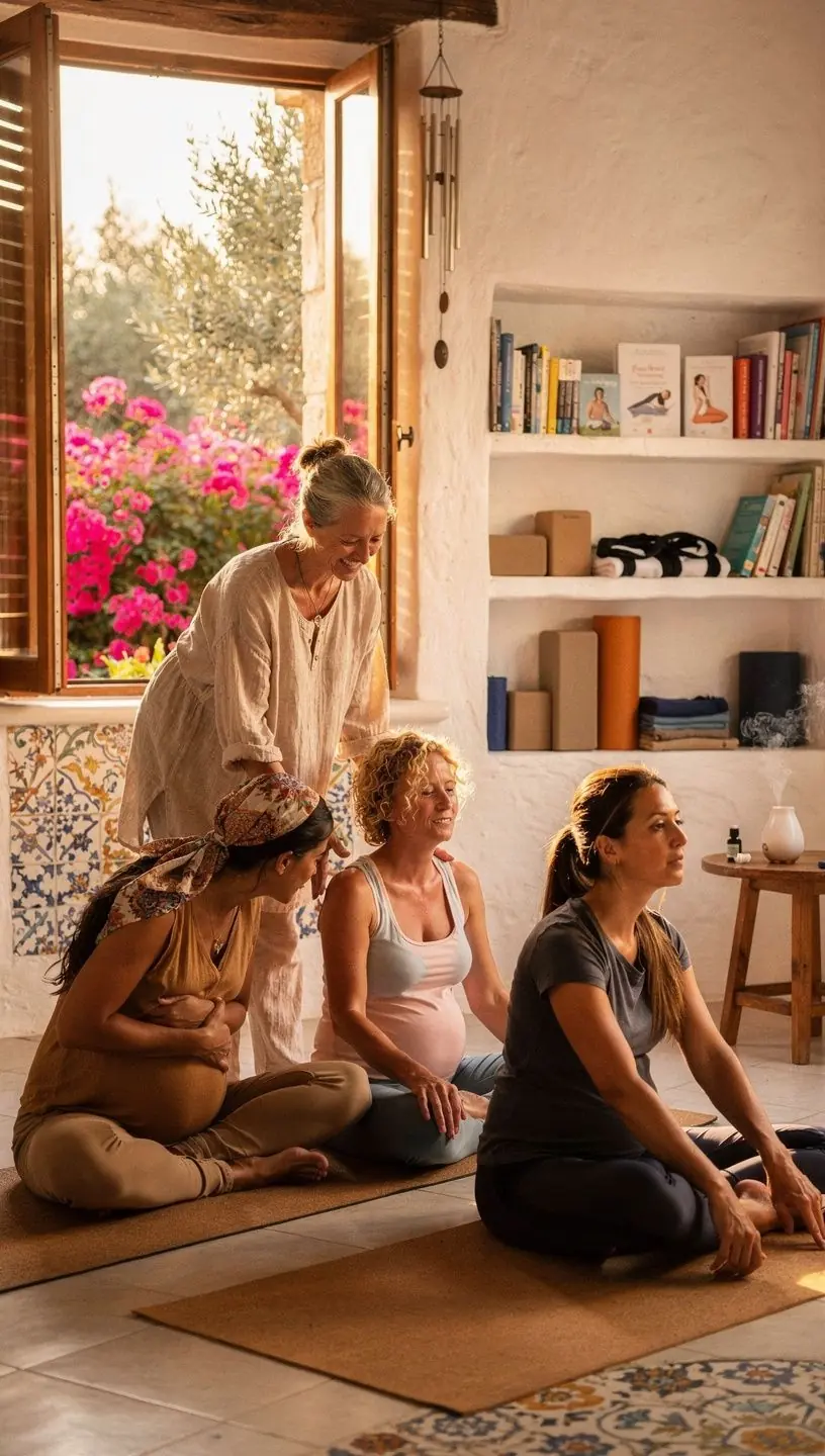 Una mujer embarazada practicando yoga suave en un estudio iluminado y acogedor.